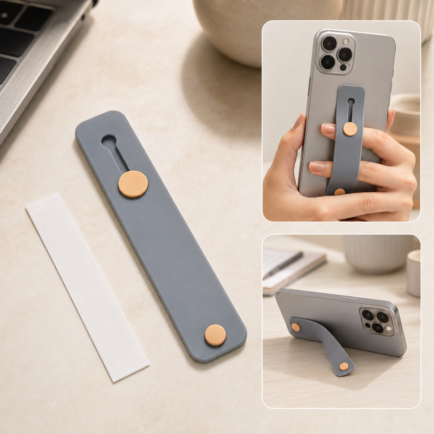 A gray silicone phone grip with orange buttons, next to a white adhesive strip, with insets showing it on a phone.