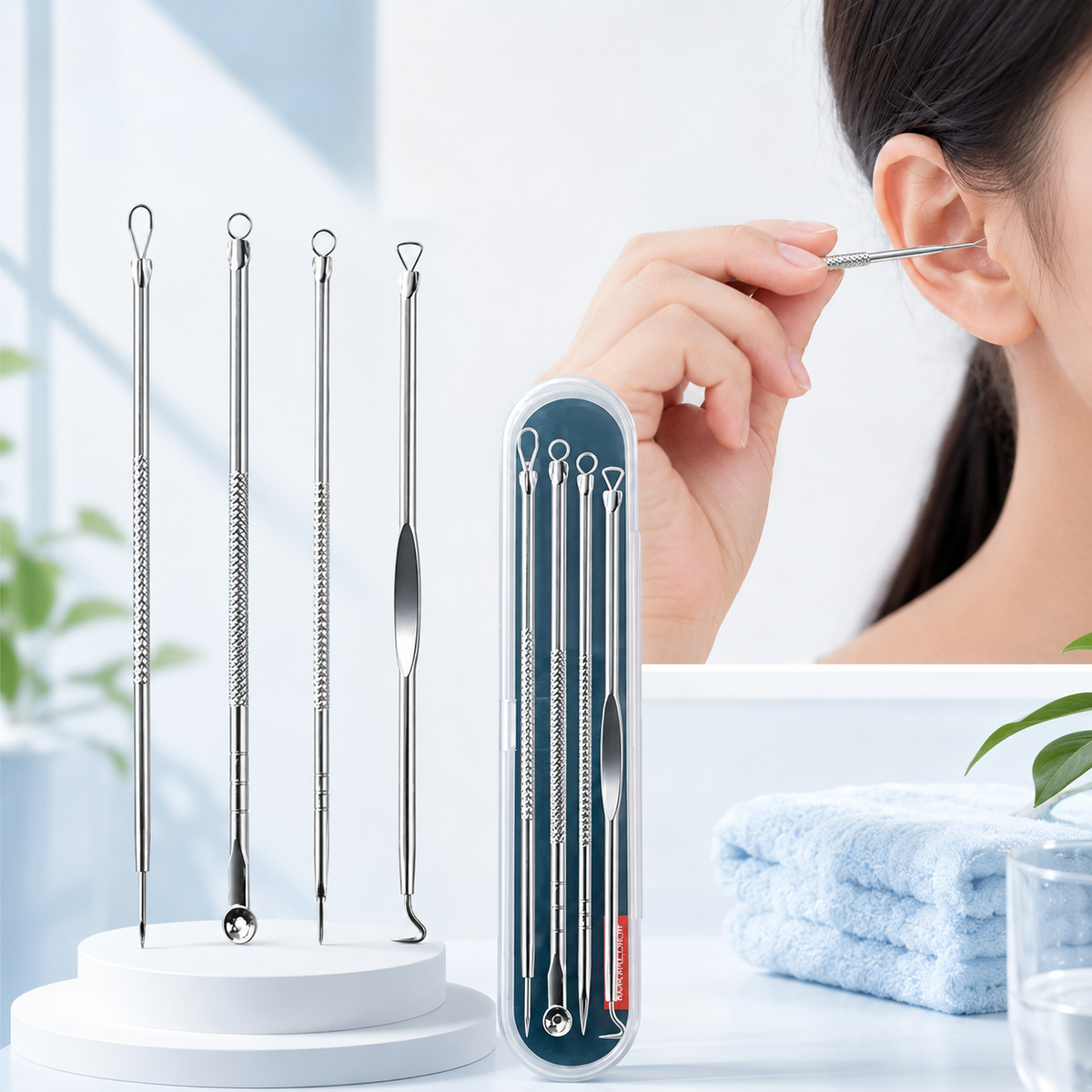 A woman uses one of the four stainless steel blackhead remover tools on her ear, with the full set in a case on a white