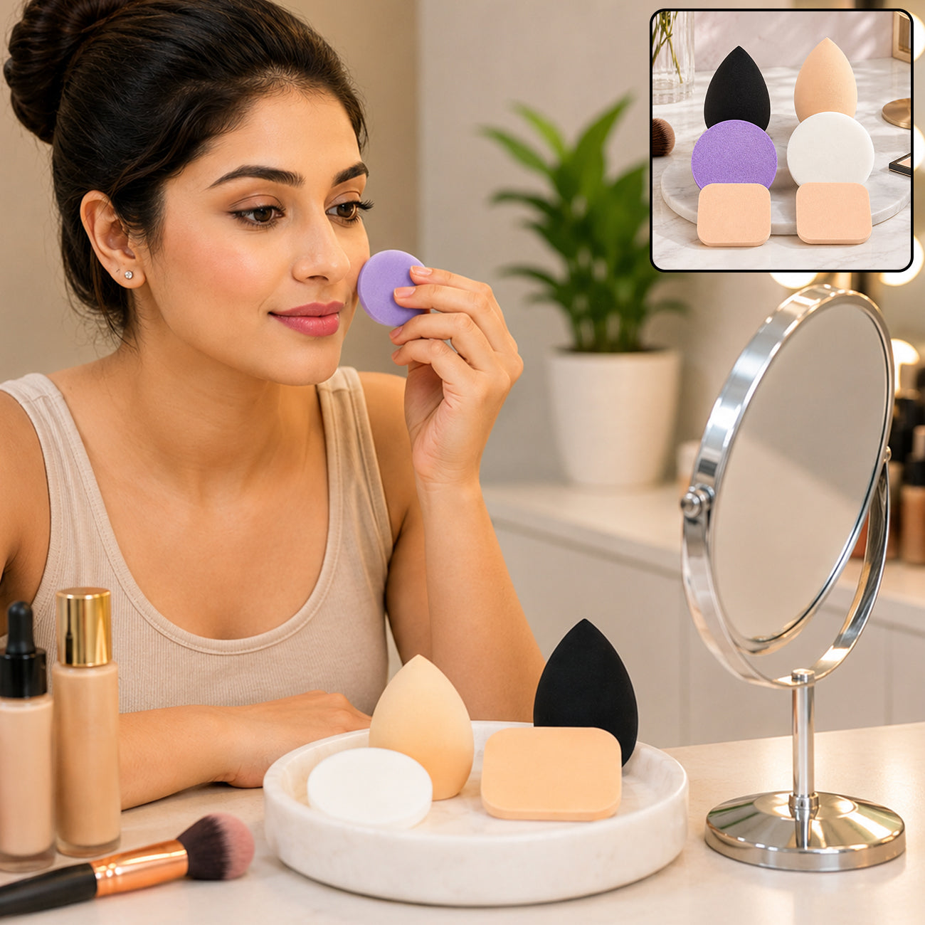 A woman applies makeup with a purple round sponge, with a tray of various sponges and makeup bottles on the table.