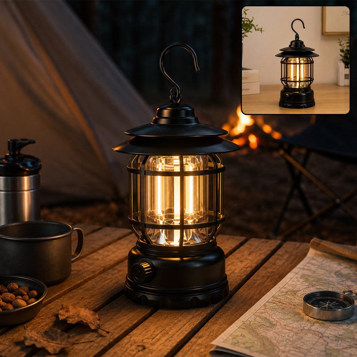 A black retro LED camping lantern illuminates a wooden table with camping gear, a map, and a compass at night.
