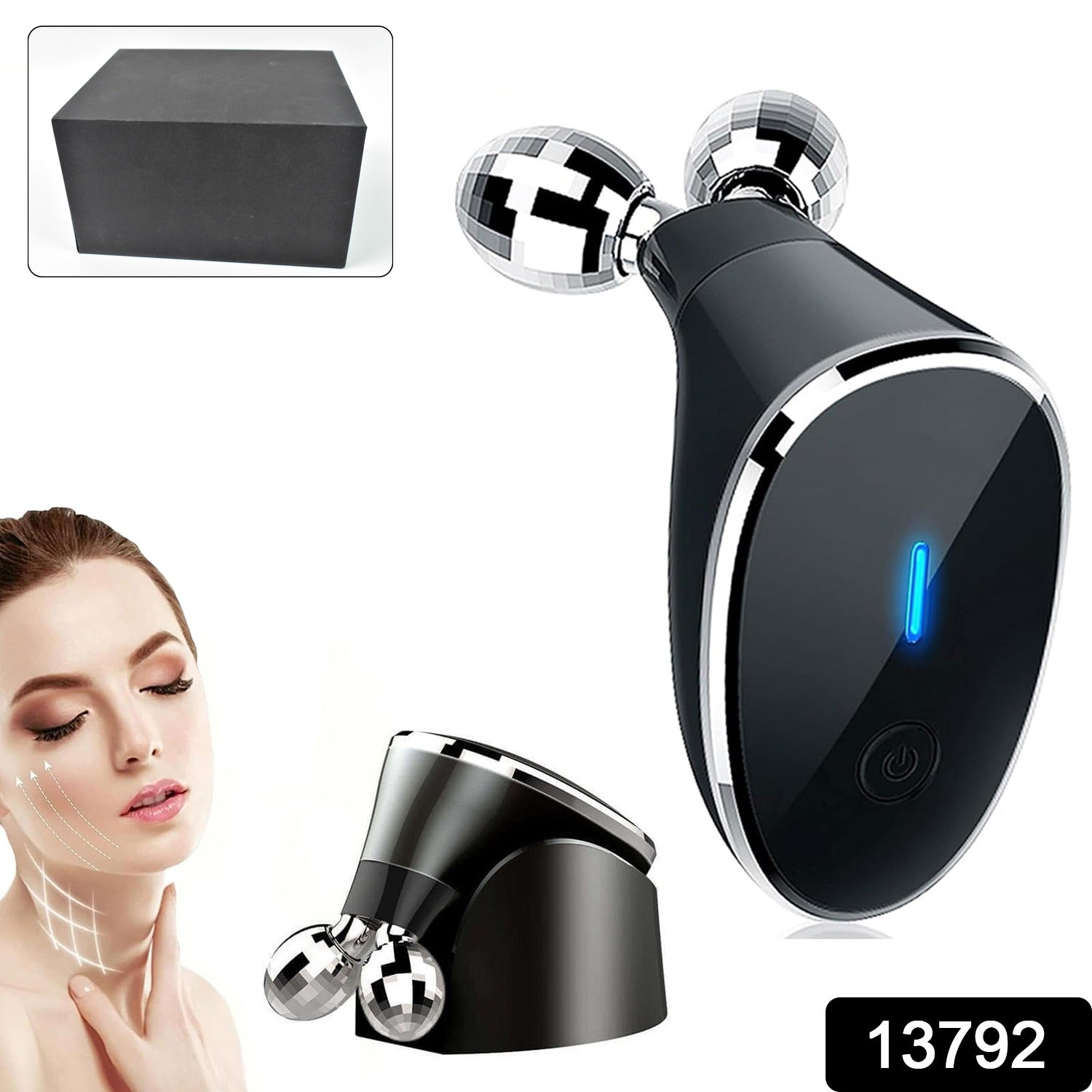 A black microcurrent face massager with a charging base and a black box are displayed next to a woman's face.