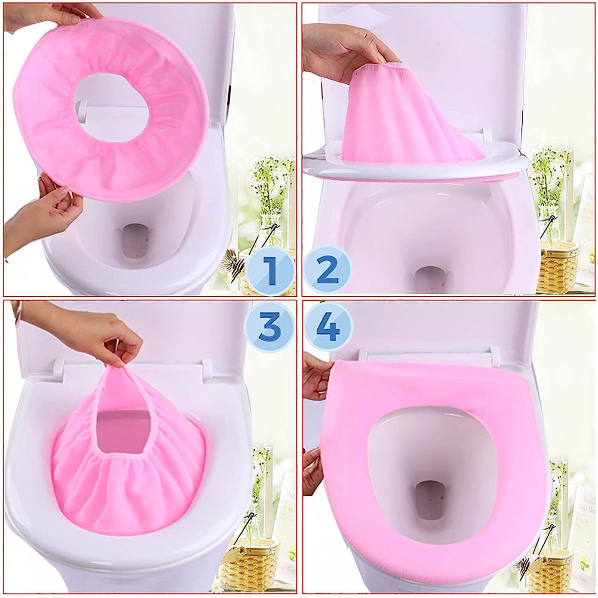 A four-panel image demonstrating the step-by-step process of installing a pink soft fabric toilet seat cover.