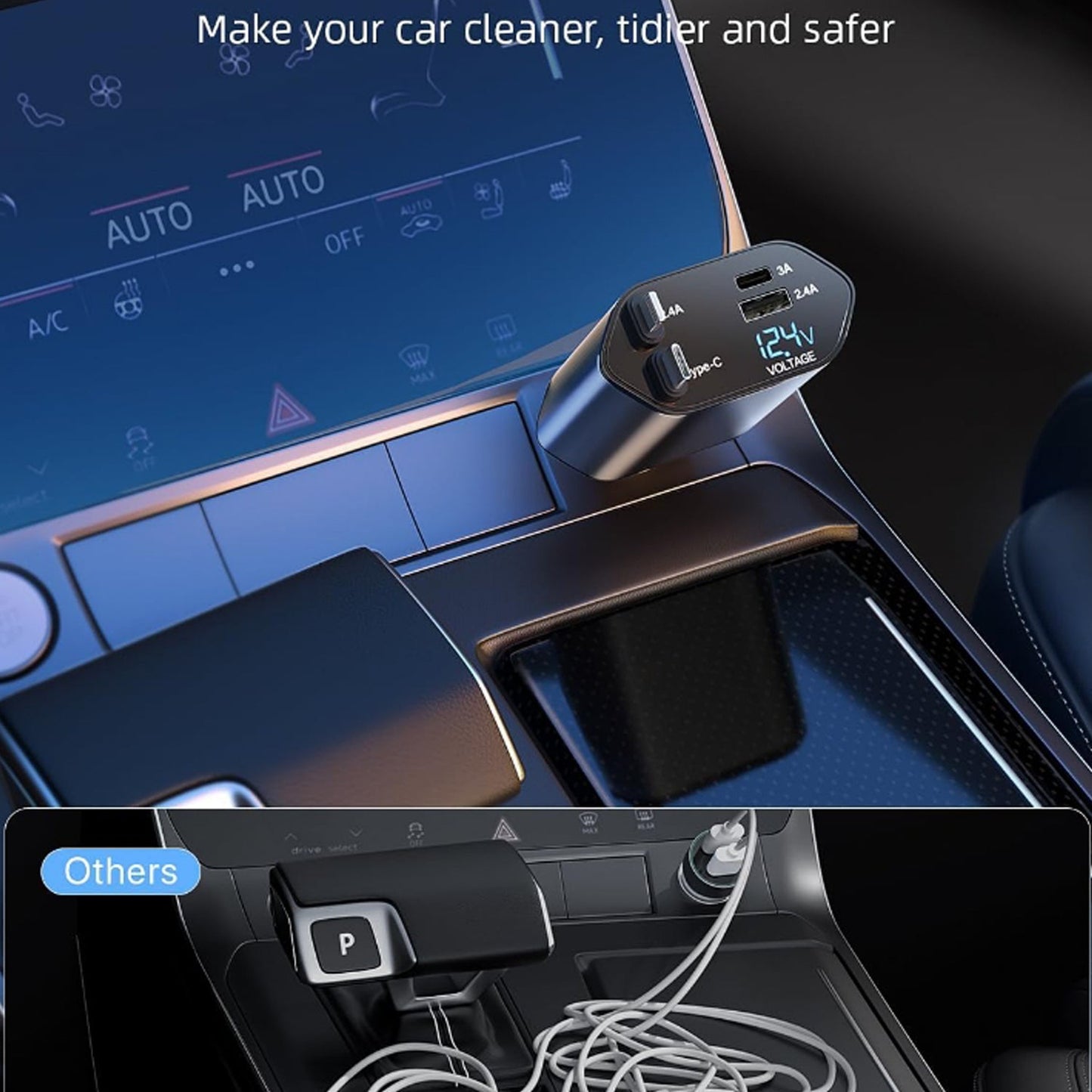 The car charger plugged into a car's console, positioned above a comparison image showing a messy car interior with tangled