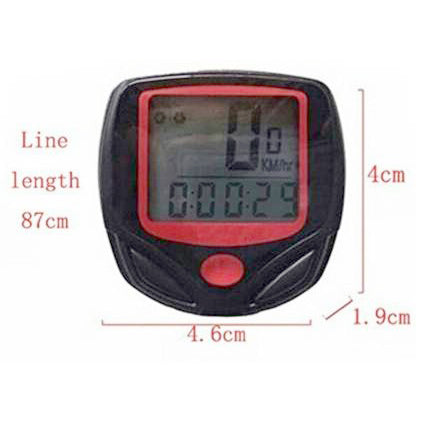 Black and red bicycle computer with dimensions 4.6cm, 4cm, 1.9cm and a line length of 87cm.