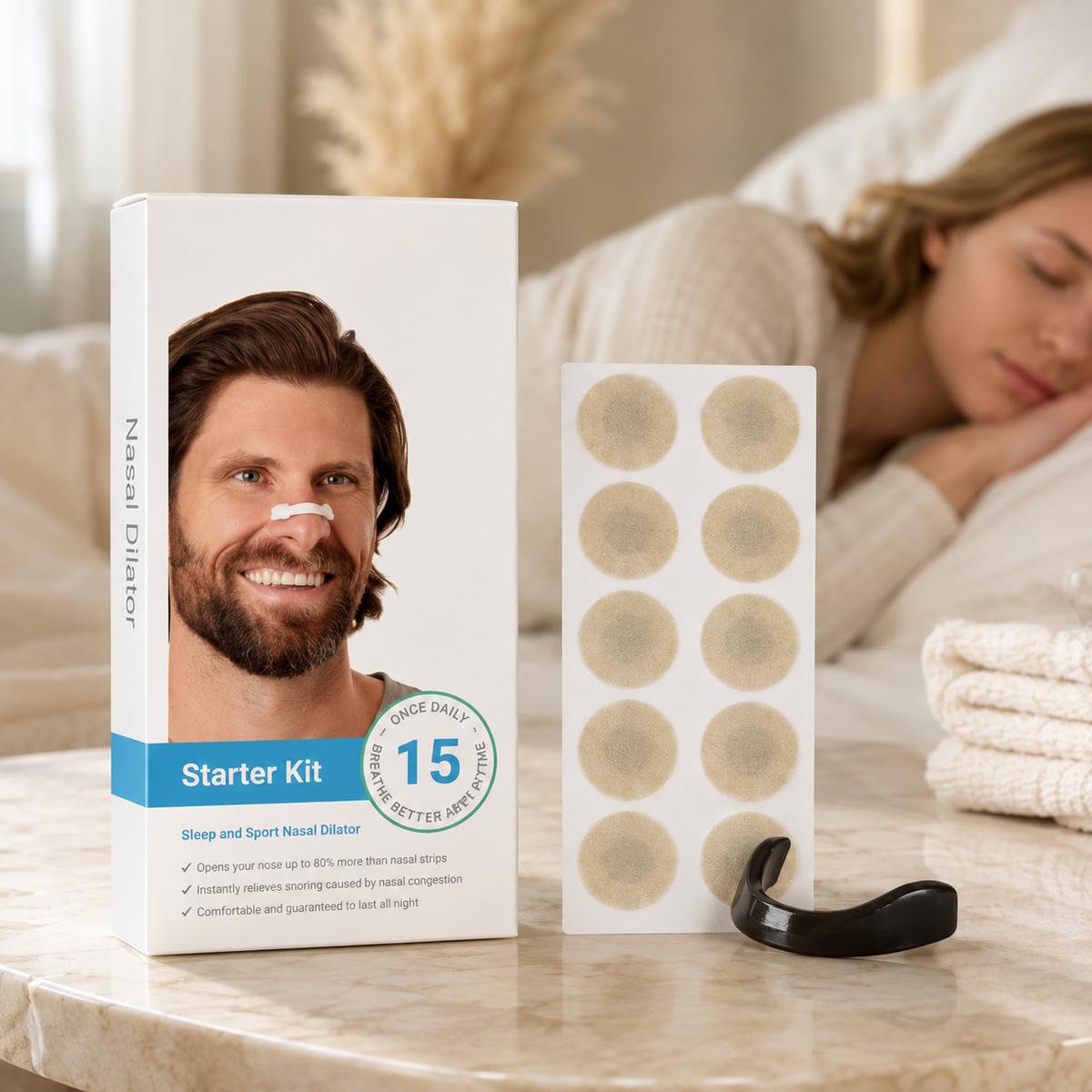 White box for nasal dilator starter kit with a man wearing a white nasal strip, next to a sheet of beige circular patches