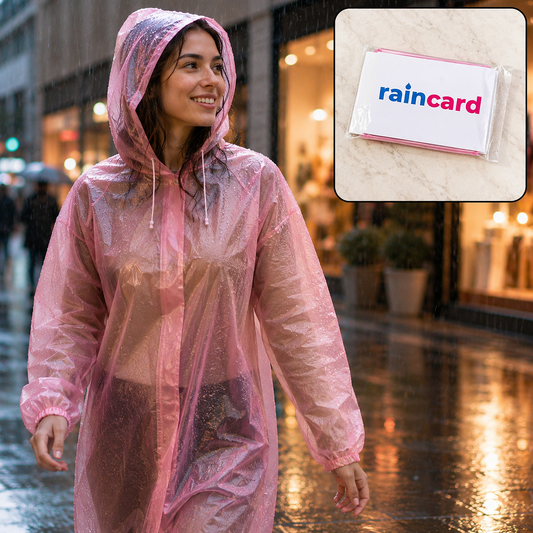 Woman in a pink transparent raincoat walking in the rain, with a 'raincard' in a plastic sleeve inset.