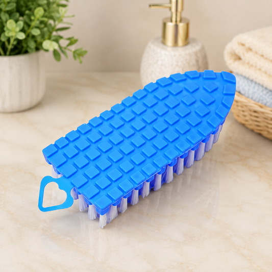 A flexible cleaning brush demonstrating its bendable plastic body for reaching tight spaces.