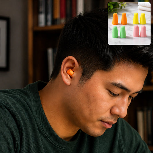 A man wearing an orange earplug in his right ear, with an inset showing multiple colored earplugs