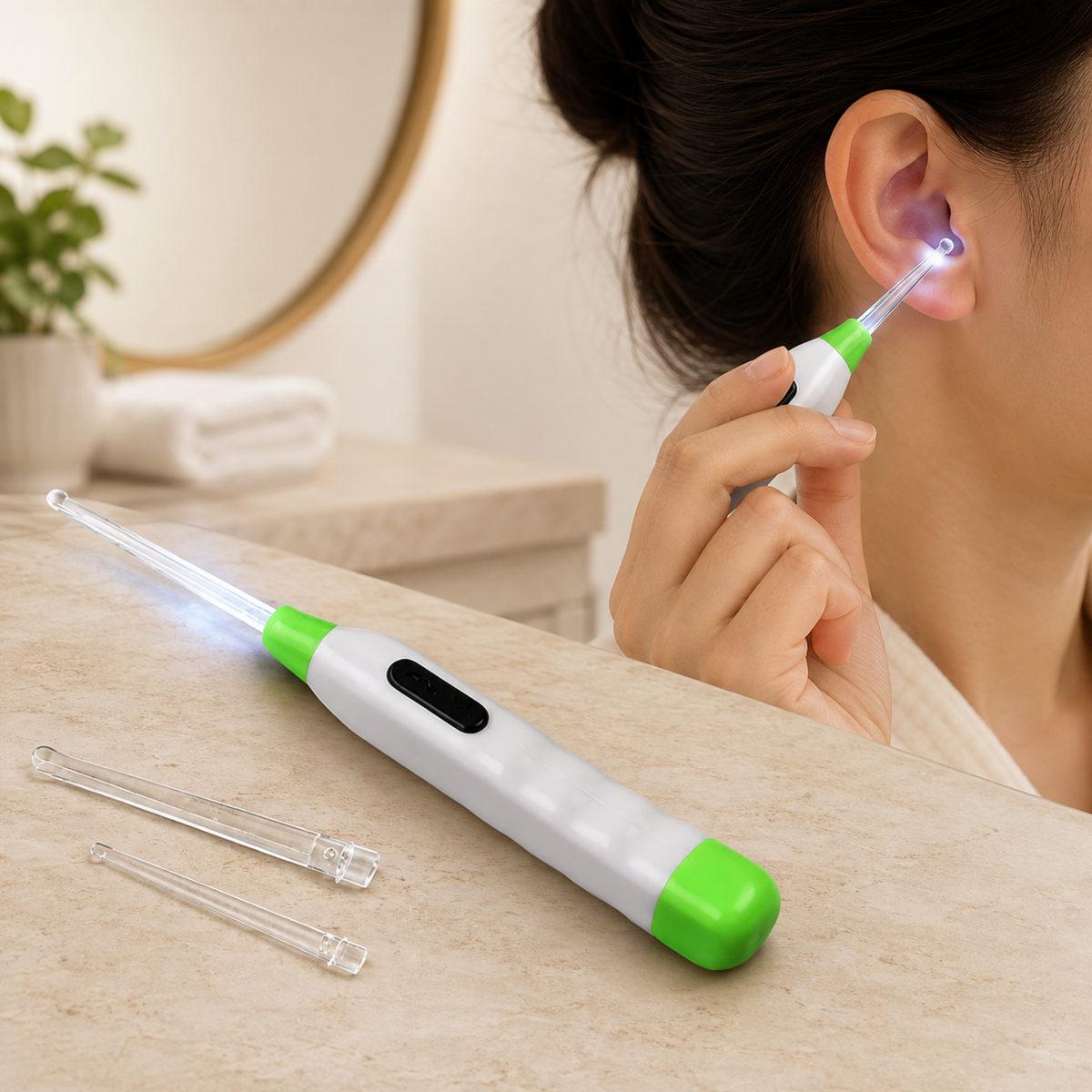 A person uses a white and green LED flashlight earpick with a clear tip to clean their ear.