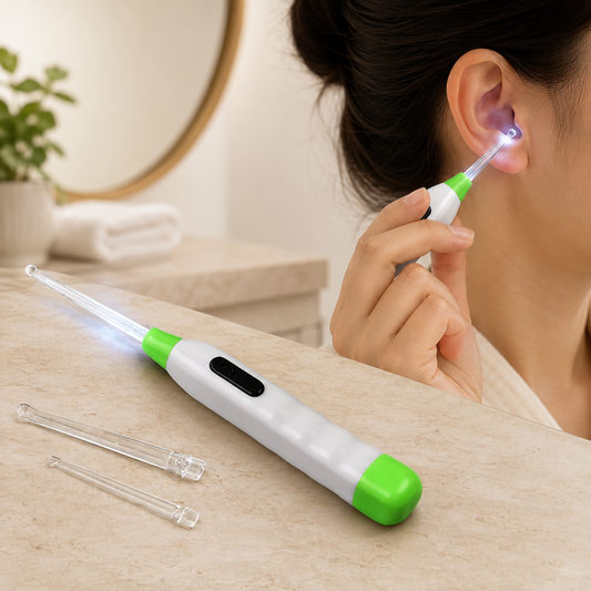 A person uses a white and green LED flashlight earpick with a clear tip to clean their ear.