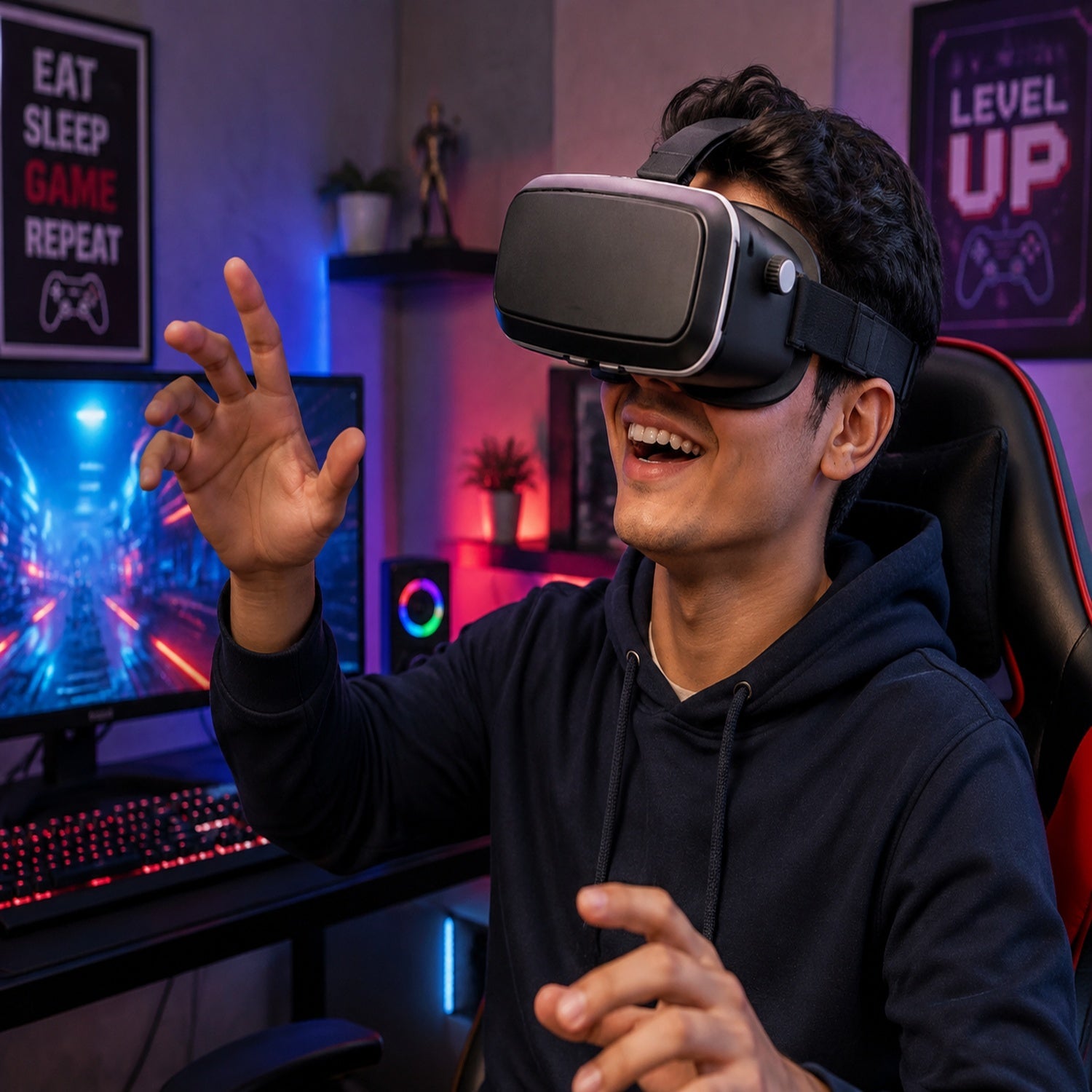 A young man with dark hair and a black hoodie smiles while wearing a black and white VR headset in a neon-lit room.