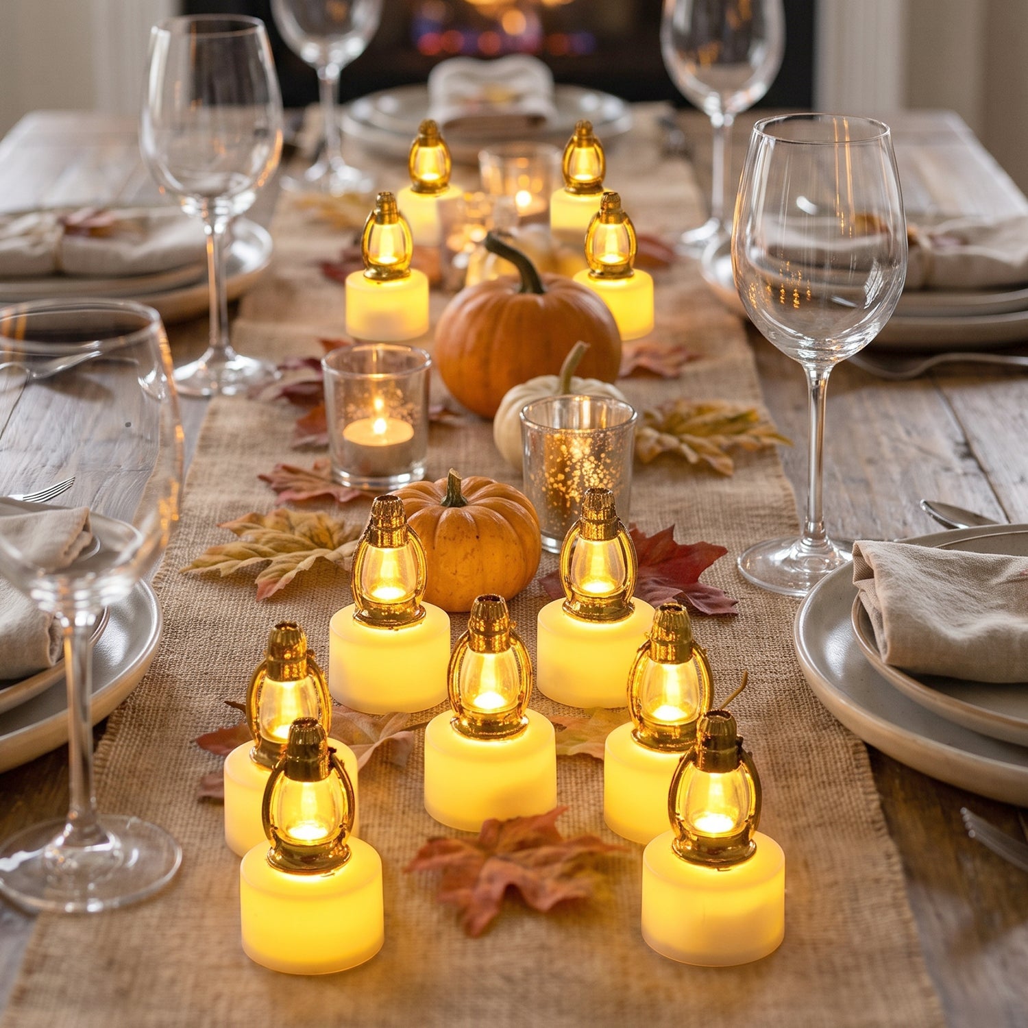 Golden lantern lamps glowing on a decorated table