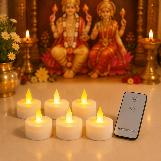 Six warm white LED tea light candles and a remote control sit on a table in front of Hindu deities.
