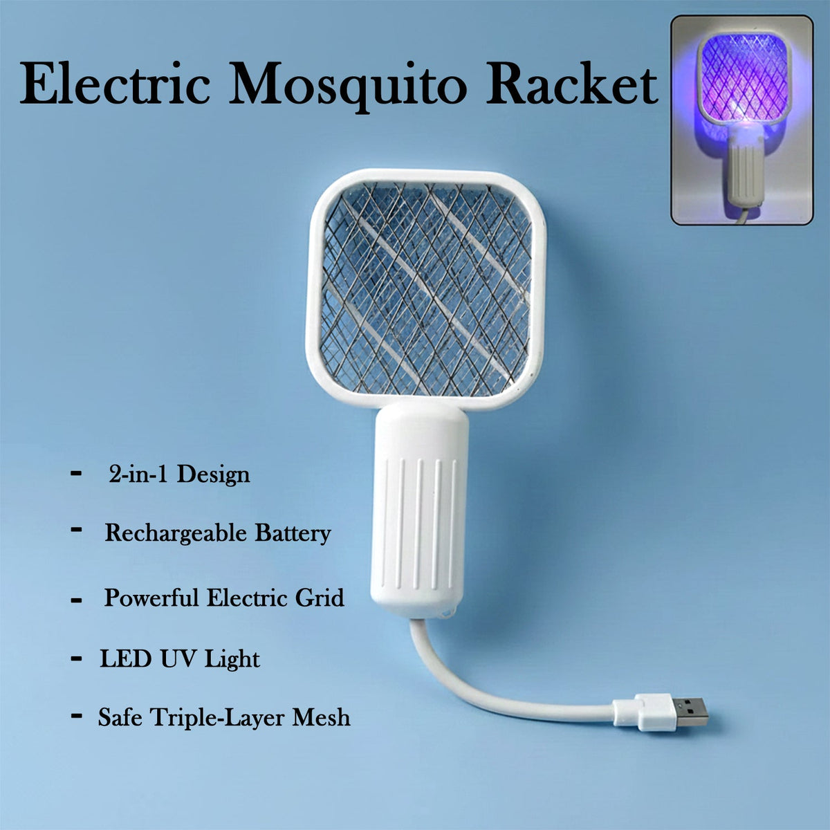 A white electric bug zapper with a square head and ribbed handle, connected to a USB cable, on a blue background. Text lists