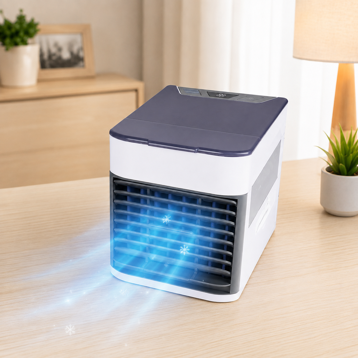 A white and gray portable air cooler with blue light and snowflakes emitting from its front vent, sitting on a wooden desk.