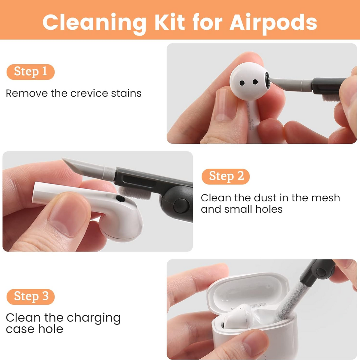 Three steps demonstrating how to clean AirPods with the gray and white cleaning tools.