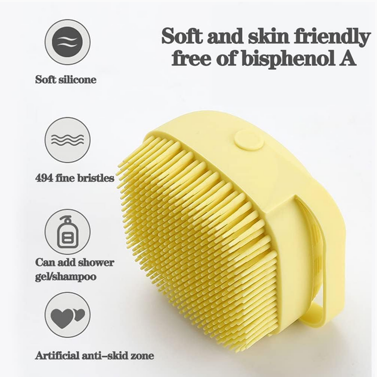 A yellow silicone bath brush is shown with text highlighting its soft silicone, 494 fine bristles, and shampoo dispenser.