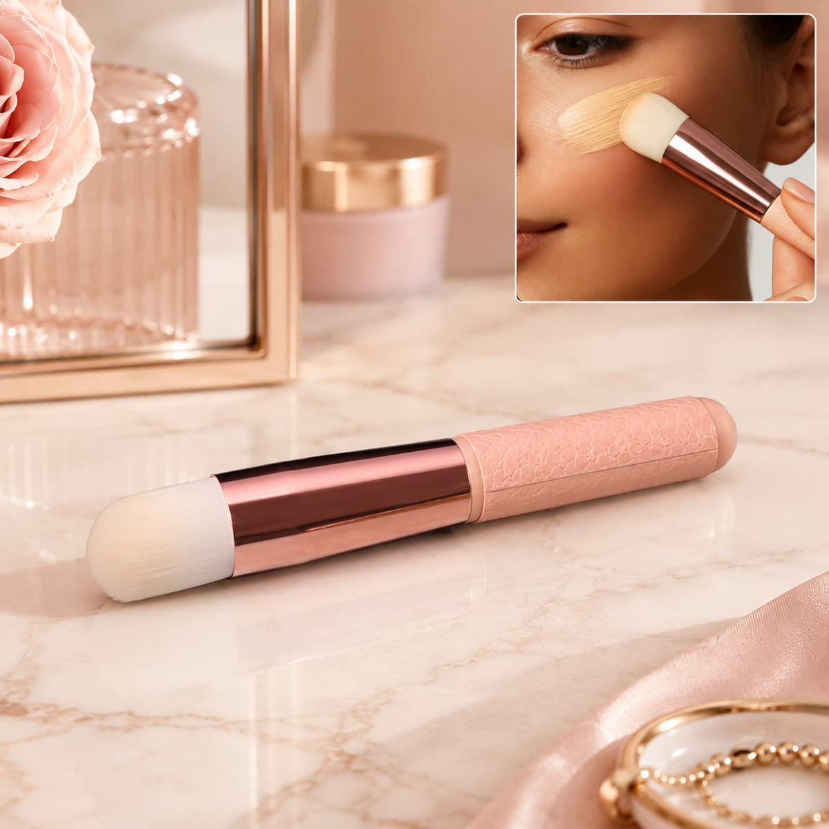 A pink and rose gold makeup brush on a marble vanity with a rose and makeup in the background.