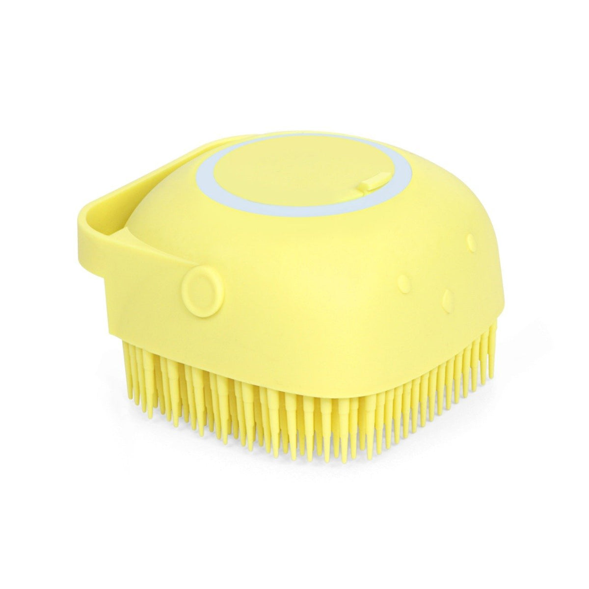 Yellow silicone body scrubber with built-in shampoo dispenser for bathing