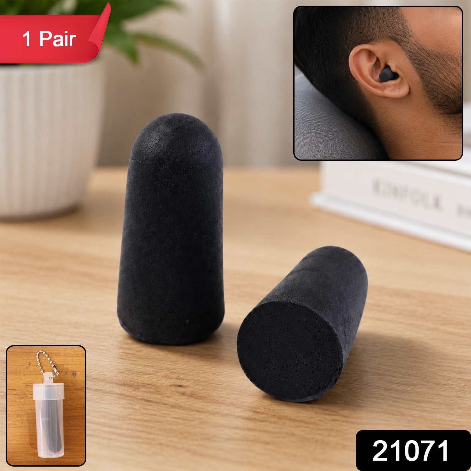 Two black foam earplugs on a wooden surface, with a man wearing one and a clear case in insets, and a red "1 Pair" label.
