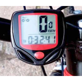 A black and red bicycle computer showing 0 KM/hr and 0:32:41 mounted on a bicycle handlebar.