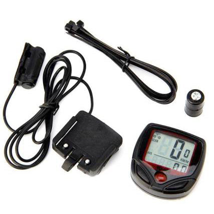 All components of the bicycle computer kit, including the display, wires, and mounting accessories.