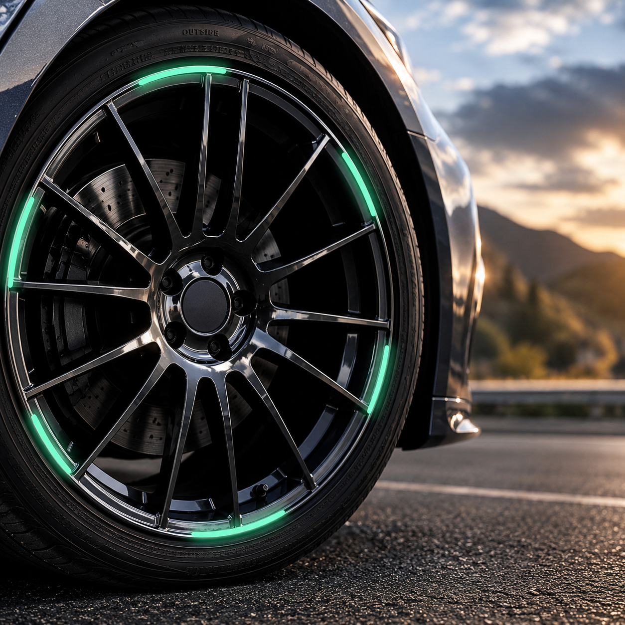 A car wheel with multiple bright green reflective stickers on the rim, against a sunset background.