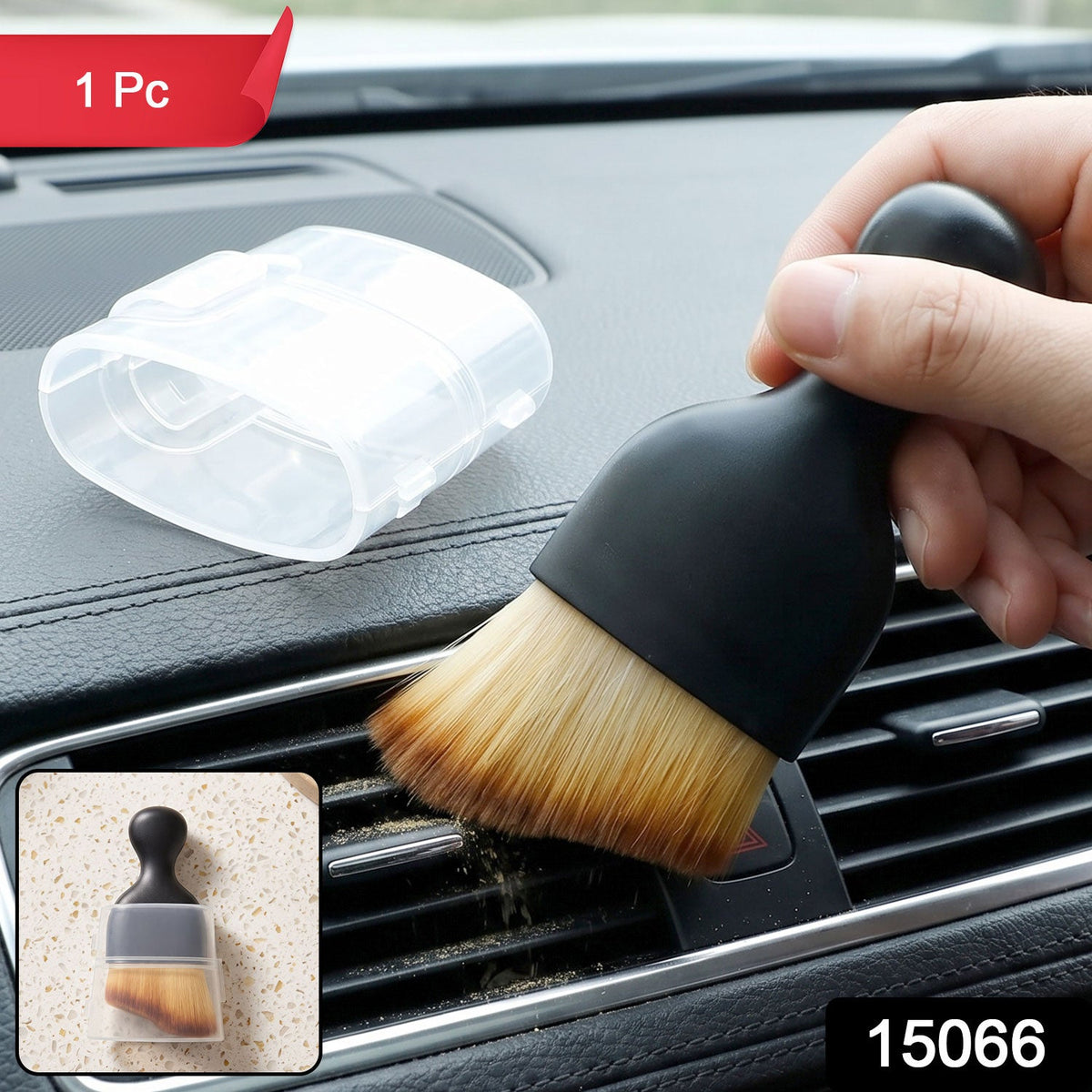 Close-up of a black-handled brush with light brown bristles, cleaning a car's air vent, with a clear plastic cover next to