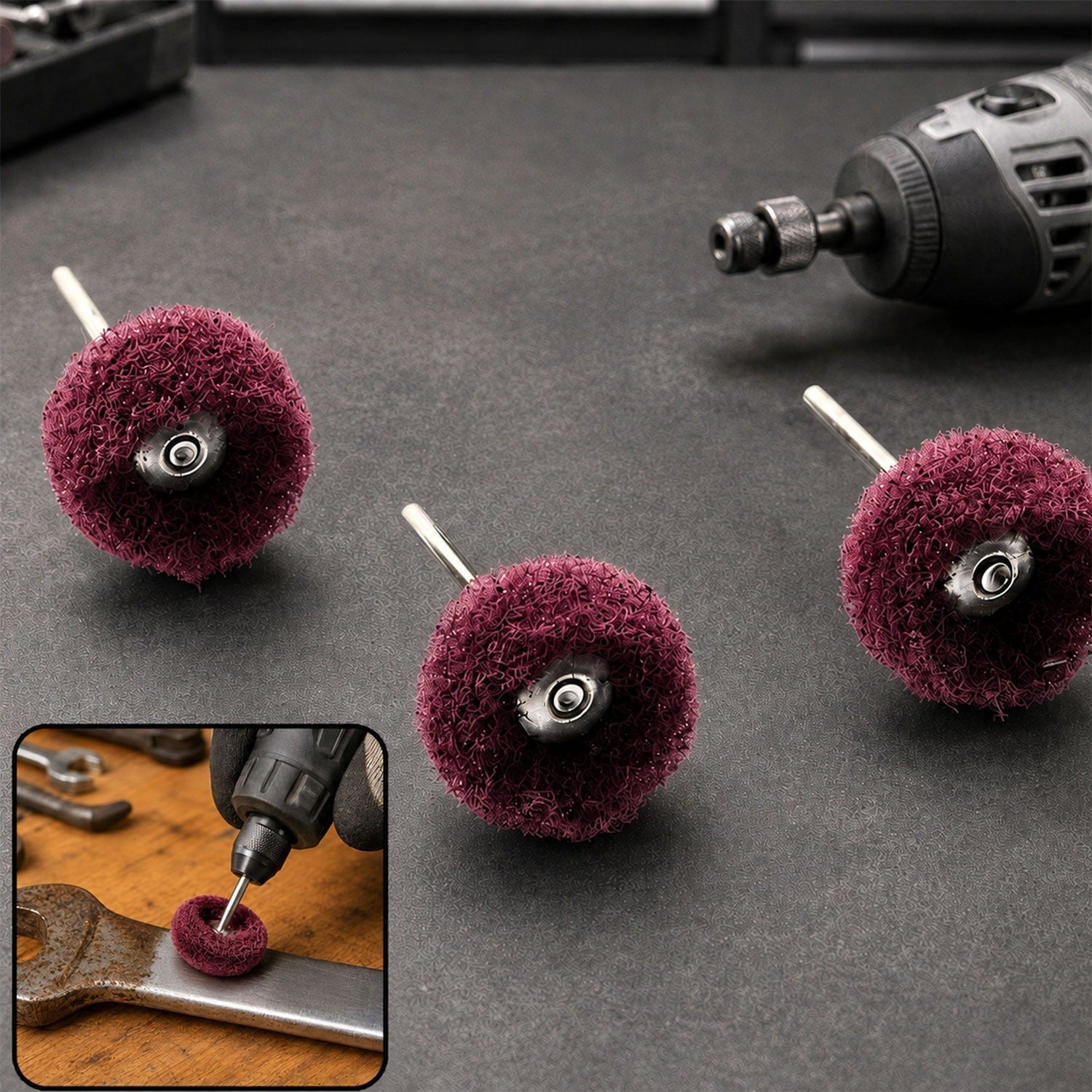 Three maroon buffing wheels with a rotary tool and a close-up of a wheel polishing metal.