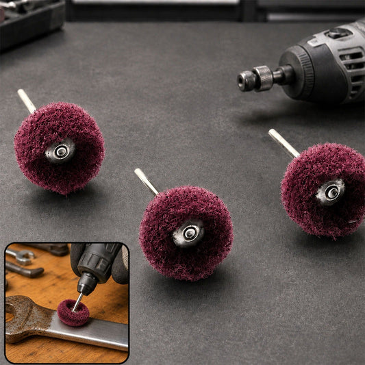 Three maroon buffing wheels with a rotary tool and a close-up of a wheel polishing metal.