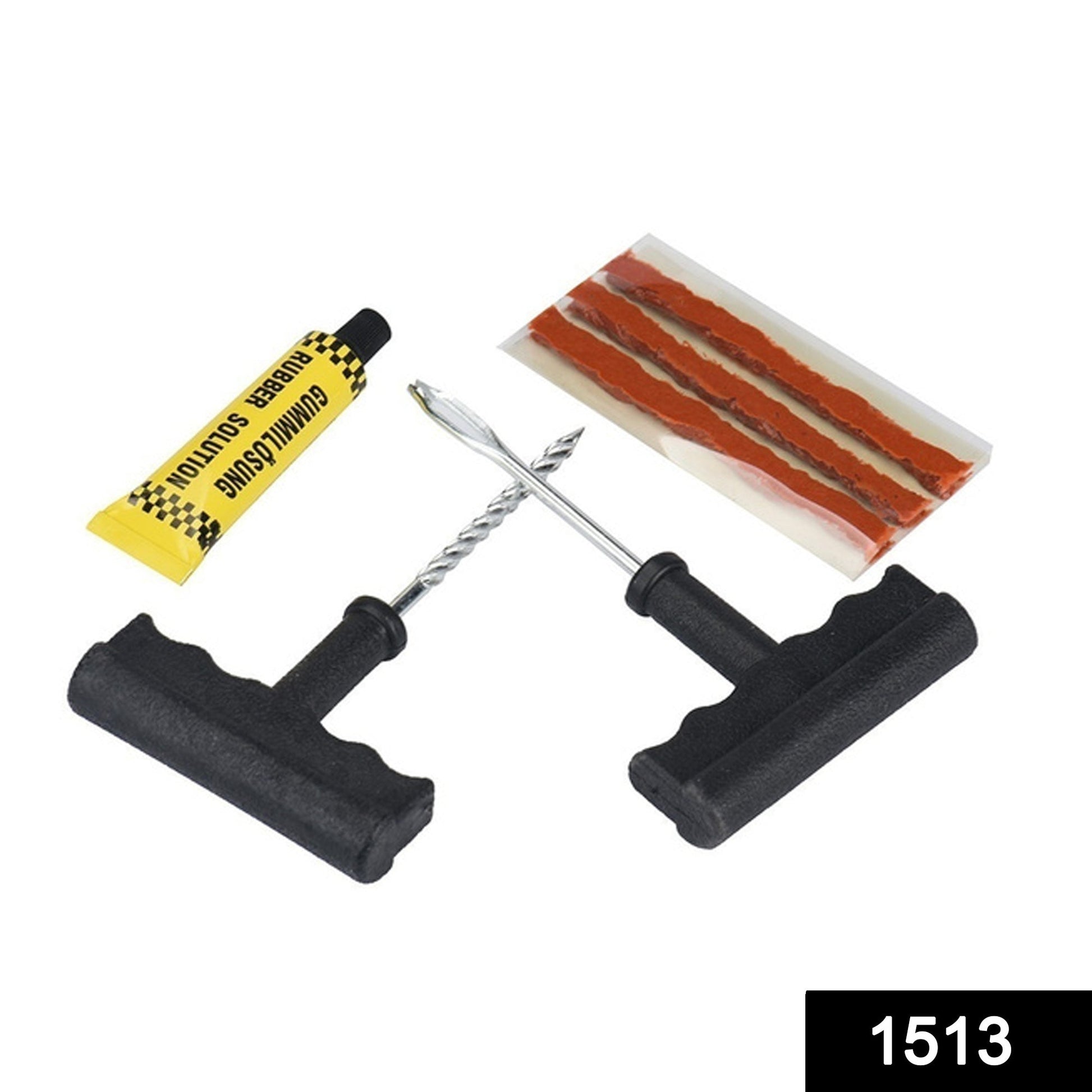 A tire repair kit with two T-handle tools, a yellow tube of rubber solution, and three brown repair strips in plastic.