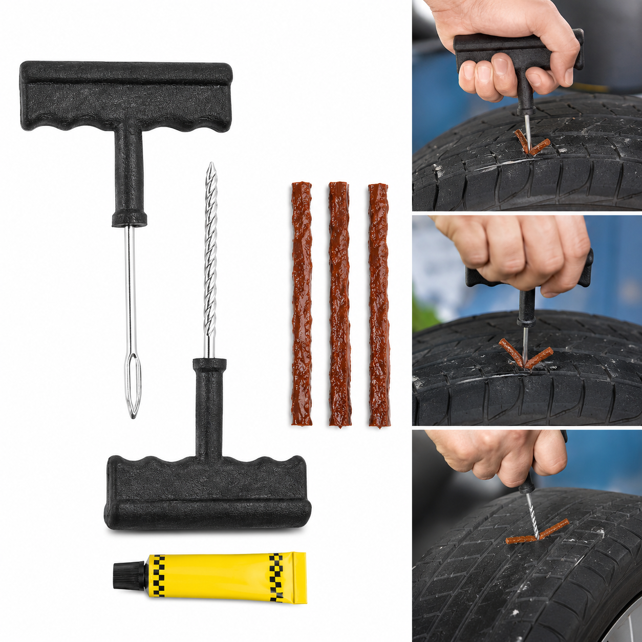 A complete tire repair kit with two T-handle tools, three brown repair strips, and a yellow tube of rubber solution.
