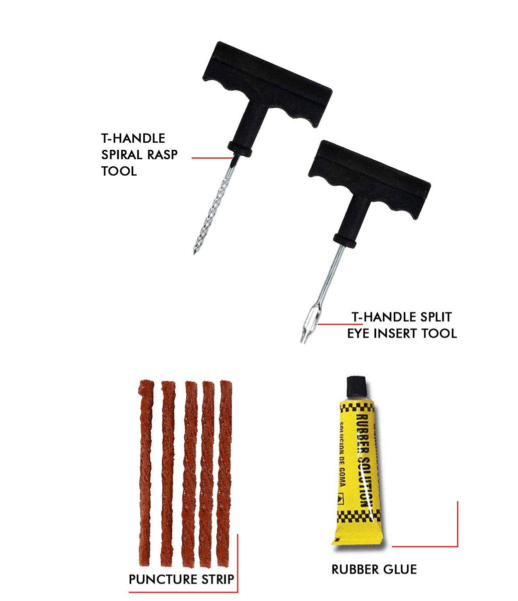 A labeled diagram of the tire repair kit components: spiral rasp, split eye insert tool, puncture strips, and rubber glue.