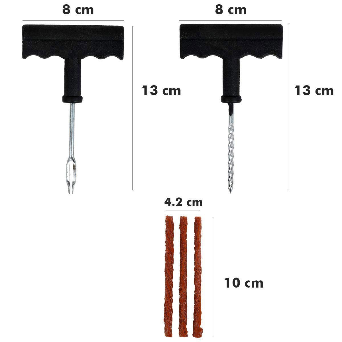 A diagram showing the dimensions of the two T-handle tools and the three brown tire repair strips.
