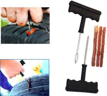 A collage showing a person using the tire repair kit on a tire, with the tools and strips displayed separately.