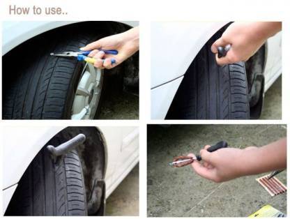 A four-panel collage demonstrating how to use the tire repair kit on a car tire, from removing debris to inserting the plug.