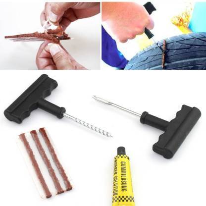 A collage showing hands using the tire repair kit, with the tools, rubber strips, and glue laid out below.