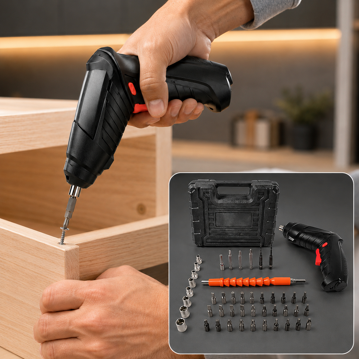 A person's hand uses a black and red cordless electric screwdriver to fasten a screw into a light wooden frame, with the