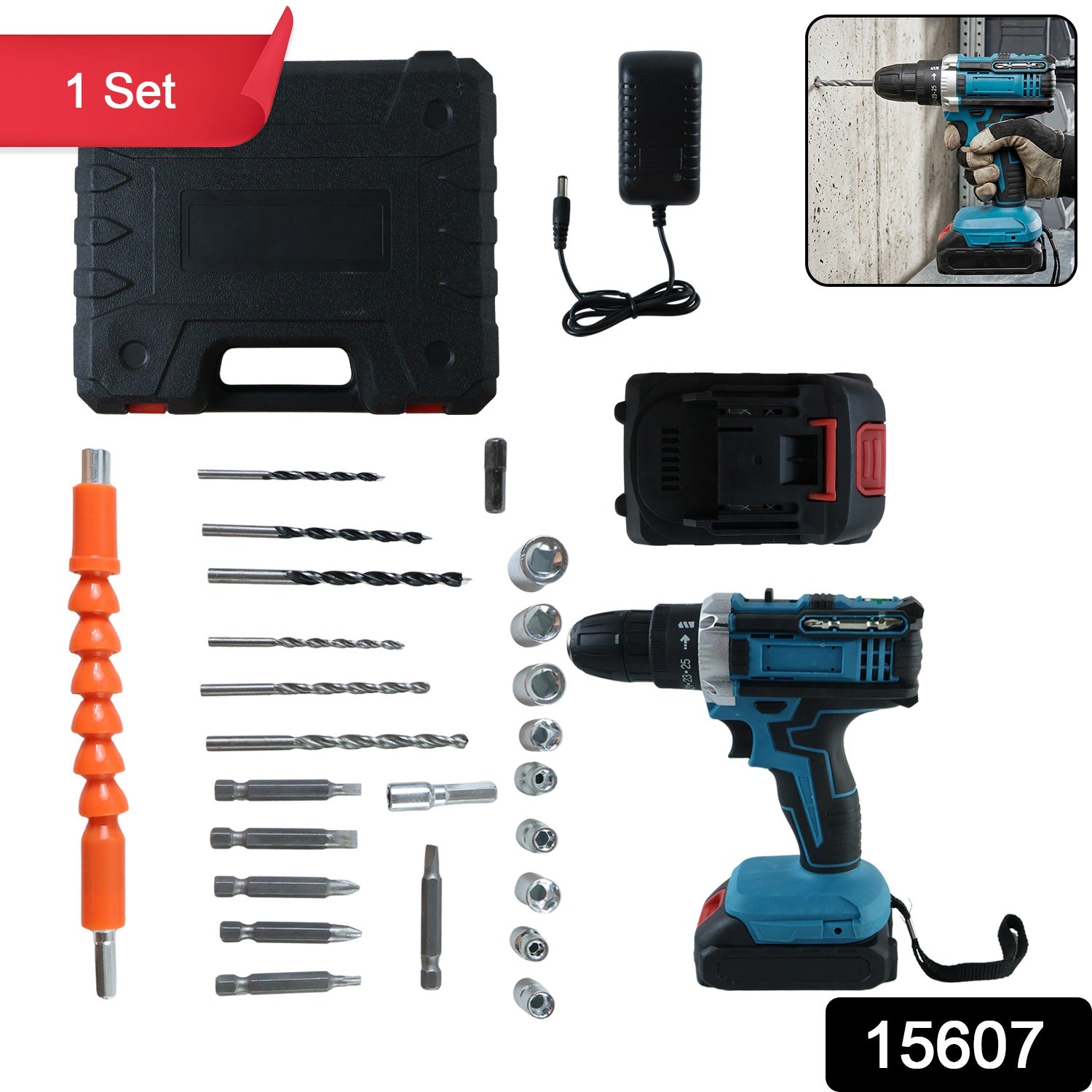 A complete set of a blue and black cordless drill, battery, charger, and various drill bits and sockets laid out.