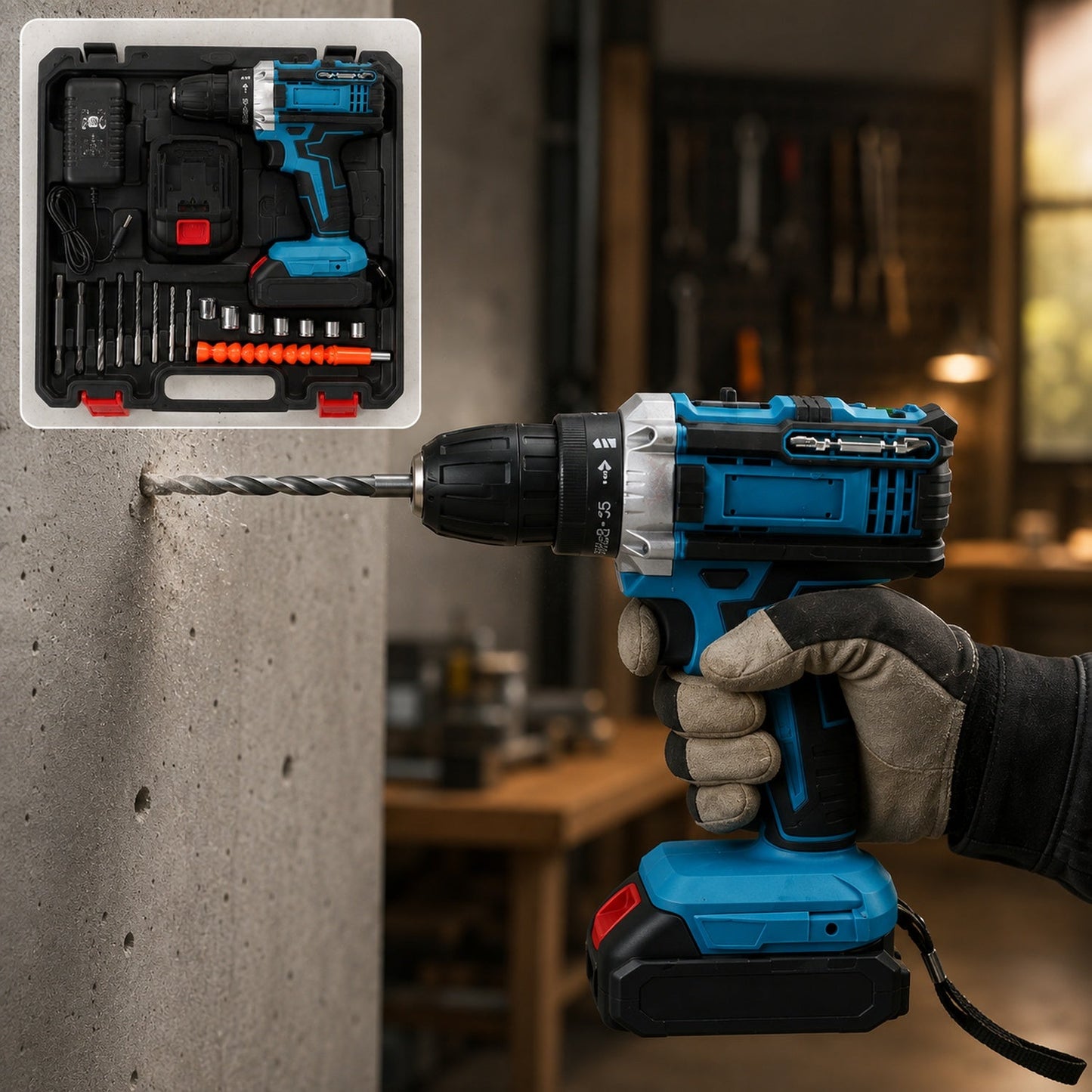 A gloved hand holds a blue and black cordless drill, drilling into a concrete wall, with the full kit shown in an inset.