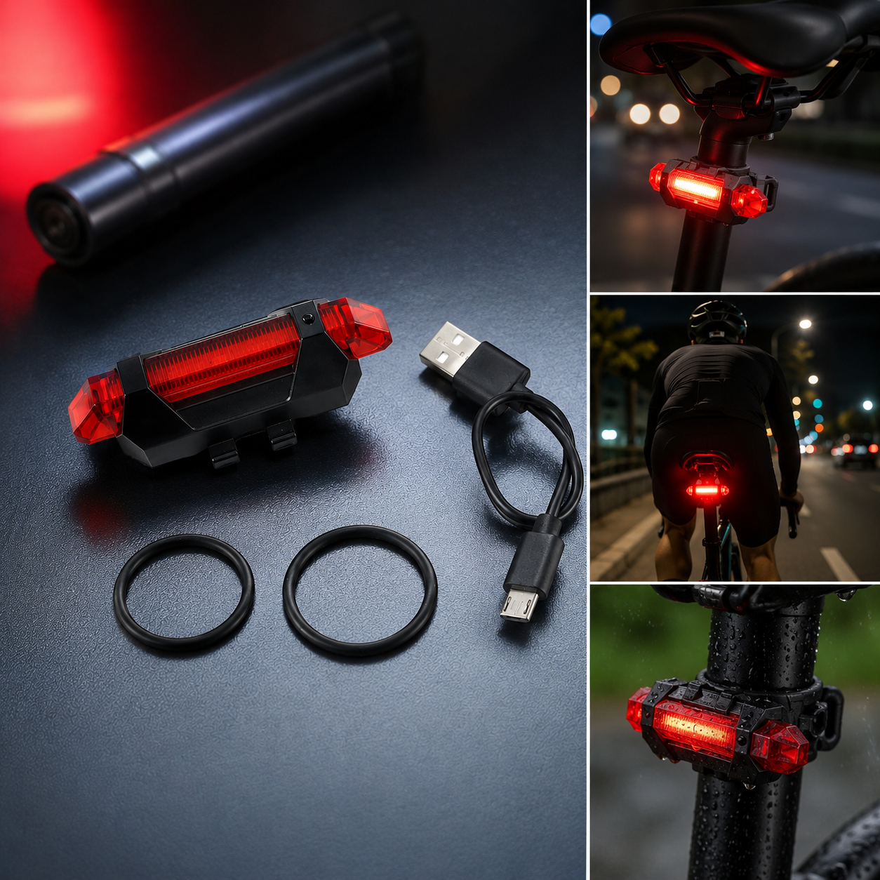 A red LED bicycle tail light, USB cable, and two rubber rings are displayed on a dark surface. The light is illuminated.