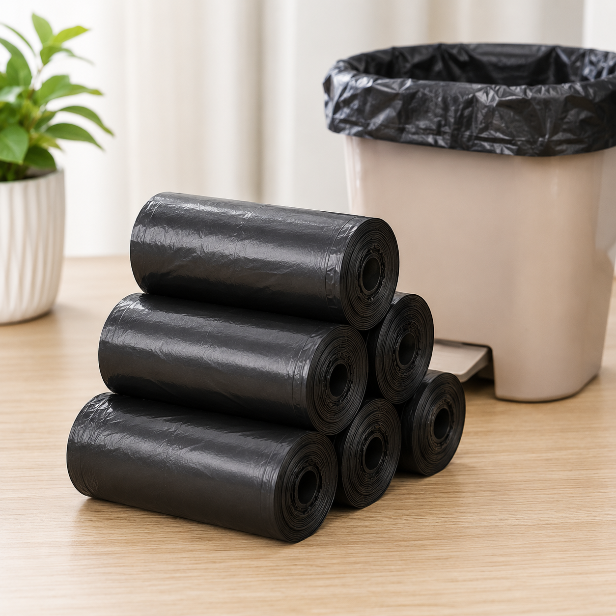 Six rolls of black garbage bags stacked next to a beige trash can with a black liner.