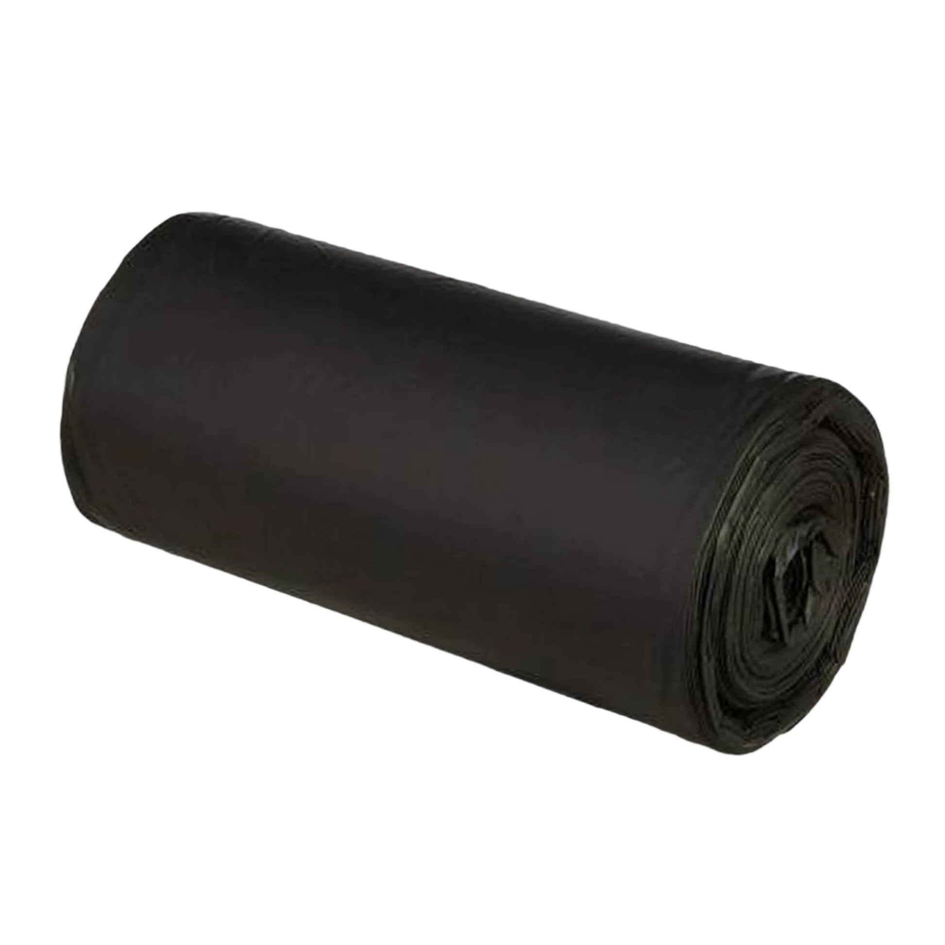 A single roll of black plastic garbage bags, angled on a white background.