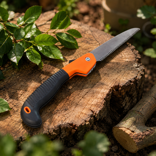 An orange and black folding hand saw with a metal blade rests on a tree stump amidst green leaves.