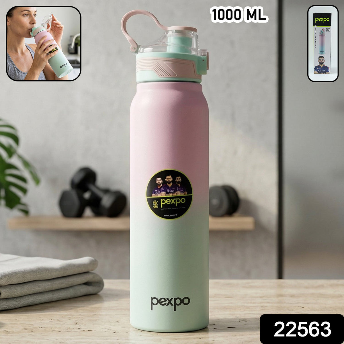 A woman holds the pink and green gradient water bottle, about to drink from it, with the lid removed.
