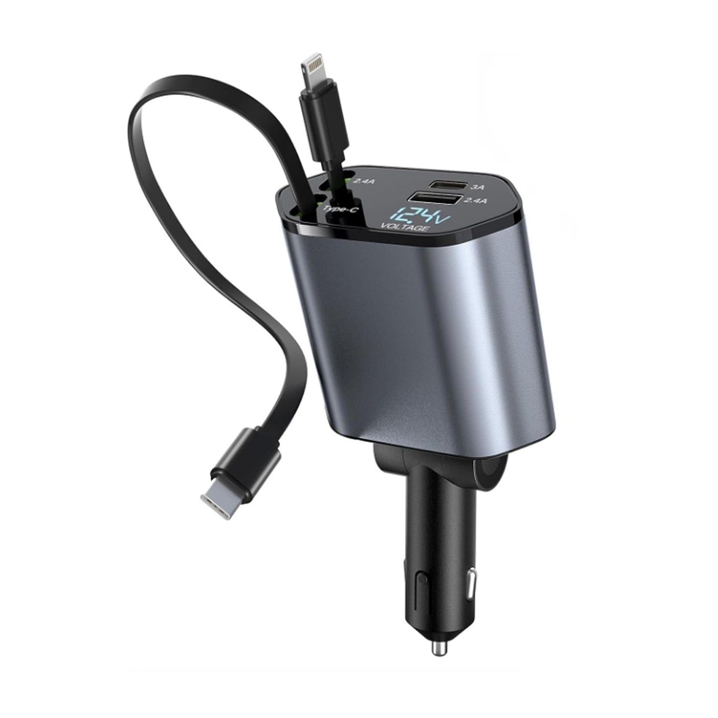 A standalone view of the gray 4-in-1 car charger with dual retractable cables and a voltage display, on a white background.