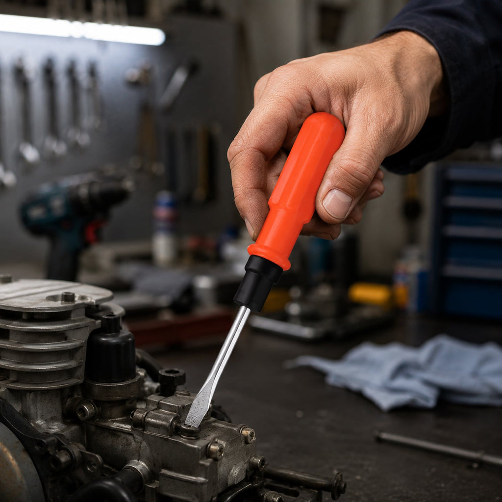 Mechanic using 2 in 1 screwdriver on engine garage lifestyle