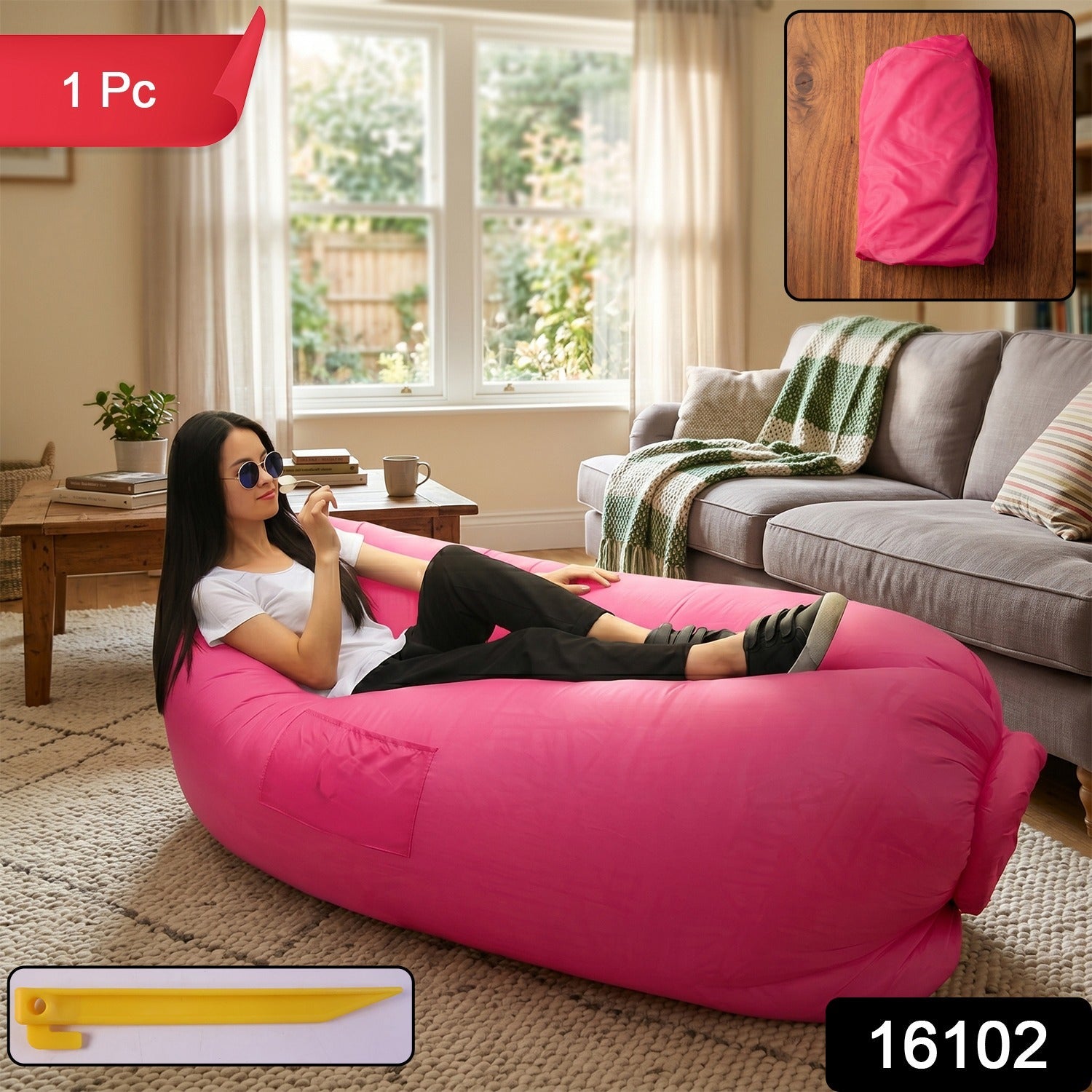 Complete inflatable lounger set with carry bag and accessories
