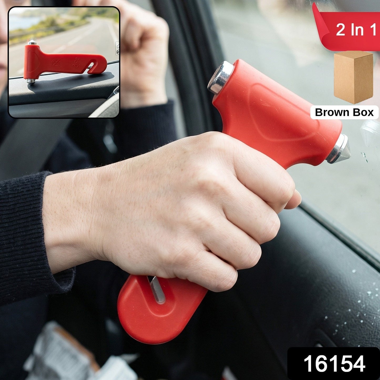 A person holds a red car safety hammer against a car window, with an inset showing the hammer on a dashboard and a '2 in 1'