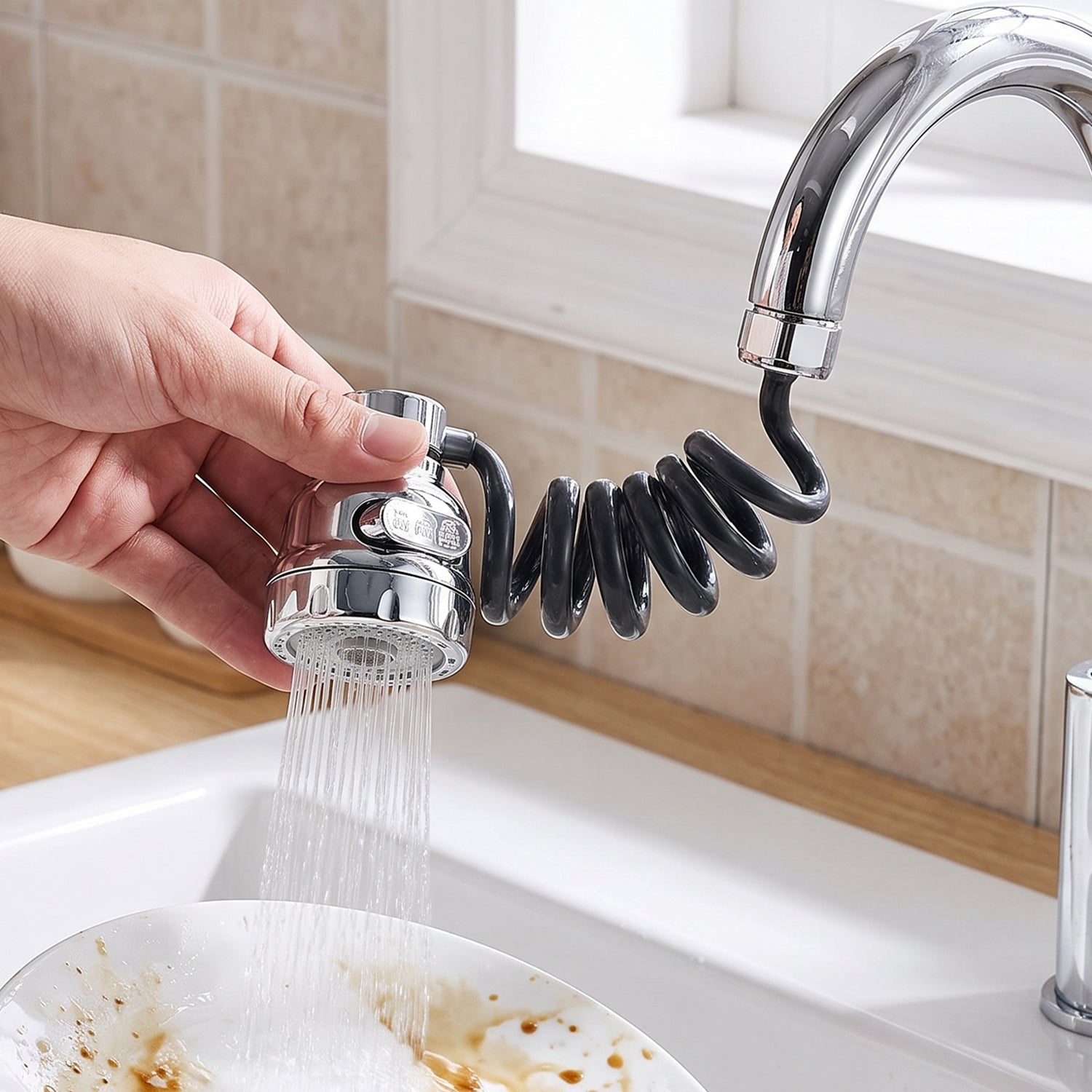 Flexible kitchen faucet sprayer in use